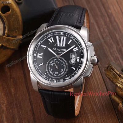 High Quality Faux Cartier Watch - Calibre De Black Face with Black Leather Band